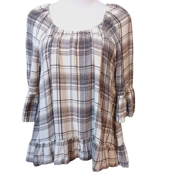 STYLE & CO Flannel Boho Top Blouse Small Plaid Ruffle Peasant Casual Work School - Picture 5 of 6